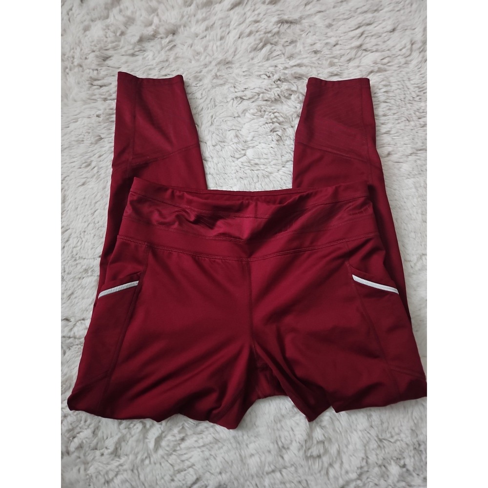 Avia Womens Fleece-Lined Athletic Leggings Size L (12-14) Red Maroon Pocket